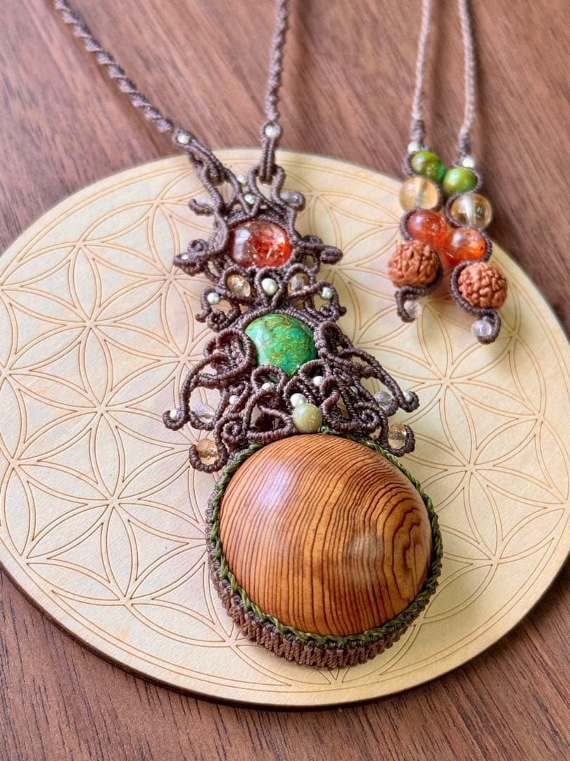 専用♡まん丸◯屋久杉＆チベタンターコイズ＆サンストーンのマクラメ編みネックレス♡