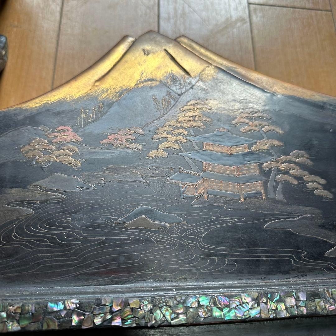 時代物 木製 螺鈿細工 富士山 刀掛け 3本掛 高さ約40.5cm 螺鈿細工