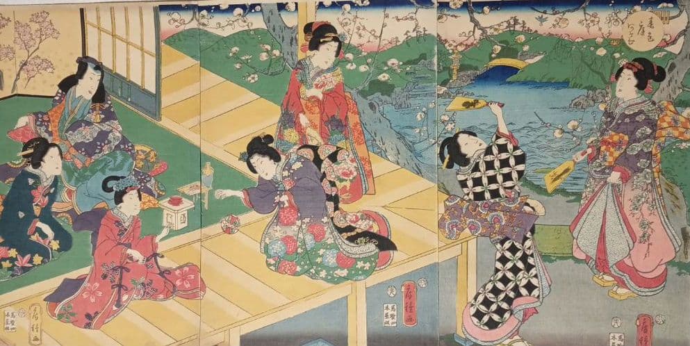 浮世絵、春色庭あそひ三枚綴り（偐紫田舎源氏)歌川房種画安政元年（1854)出版