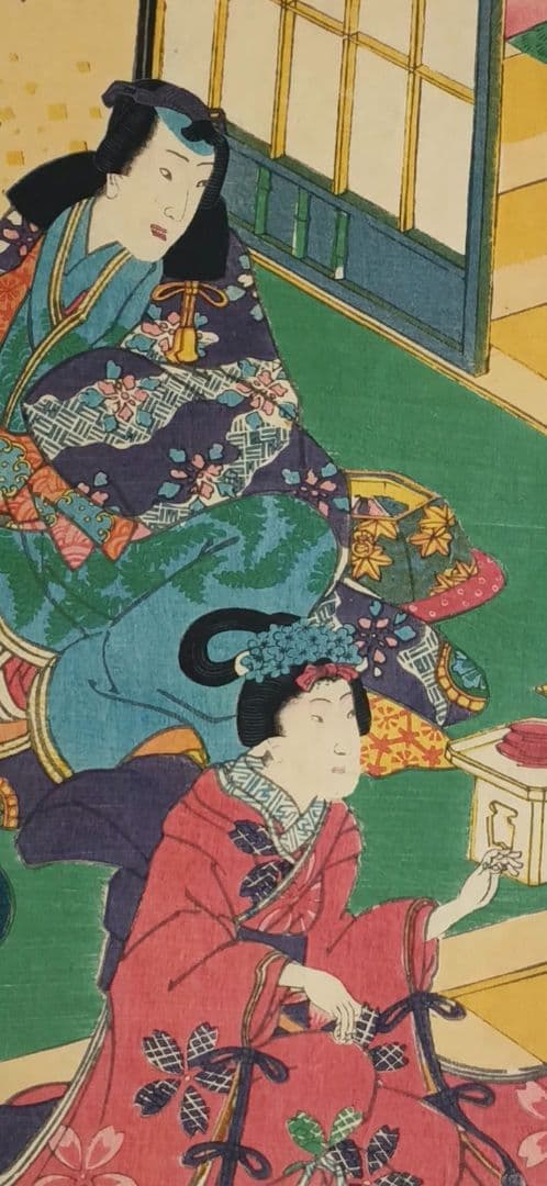 浮世絵、春色庭あそひ三枚綴り（偐紫田舎源氏)歌川房種画安政元年（1854)出版