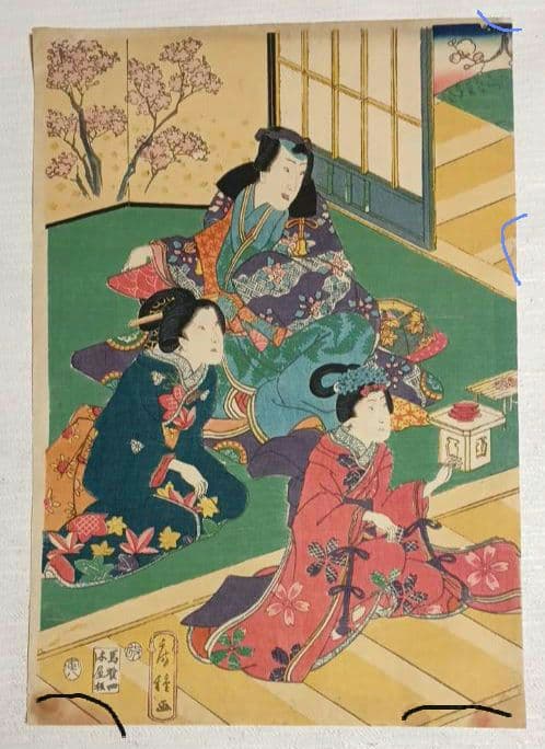 浮世絵、春色庭あそひ三枚綴り（偐紫田舎源氏)歌川房種画安政元年（1854)出版