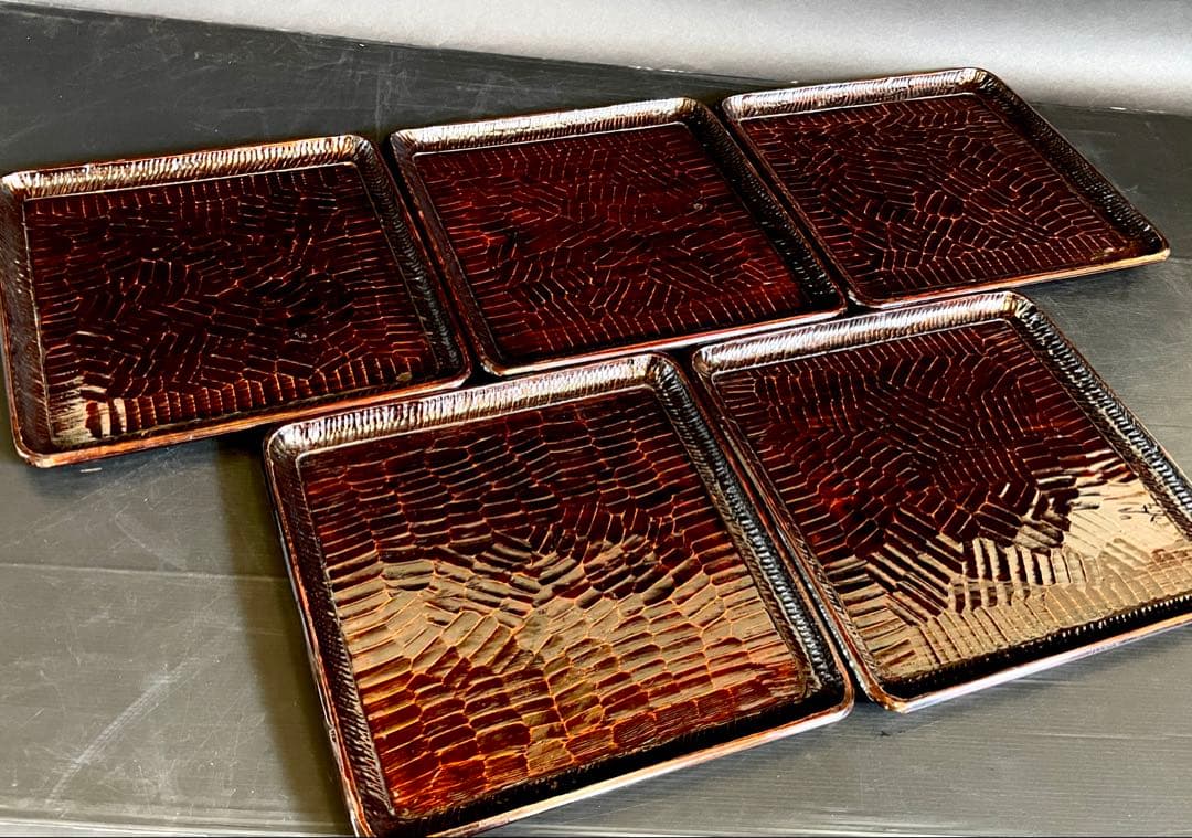 「母」 讃岐彫 四方膳 五客揃い 讃岐膳 讃岐盆 くり抜き （114Ｂ）