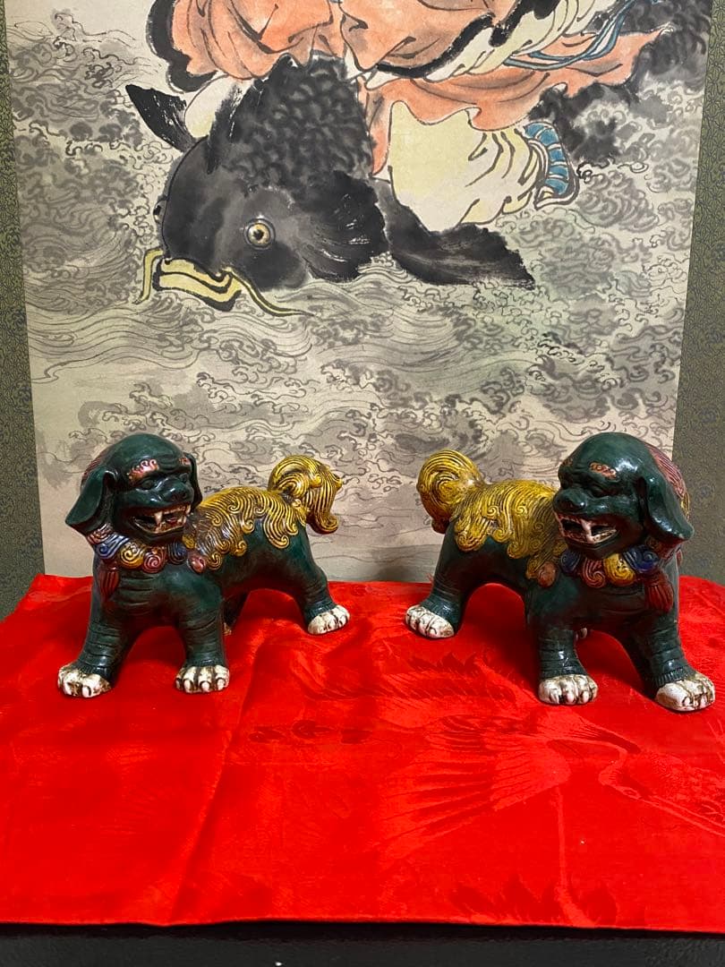 清朝　時代　獅子像 セット 多色 陶器製
