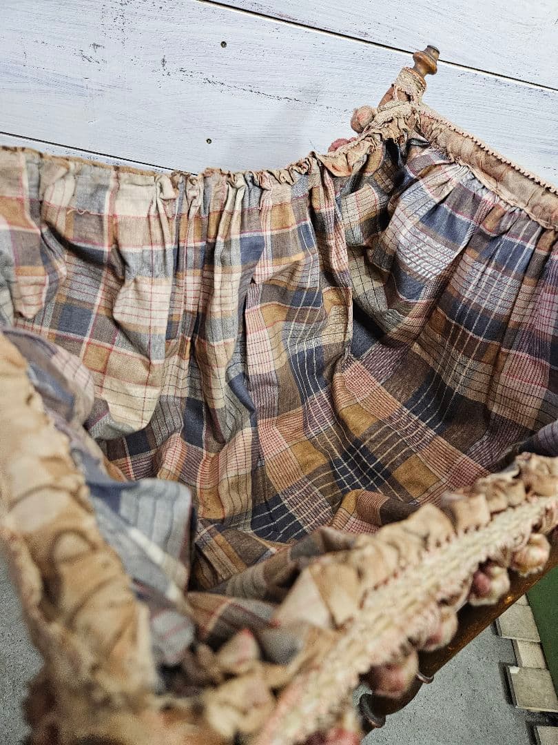 フランスアンティーク ソーイングスタンド 木製×ファブリック フリンジ 小物入れ