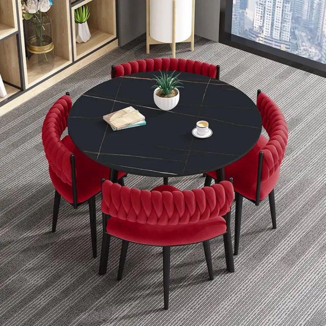 大理石調テーブル × 立体キルティングチェア 円形ダイニングセット