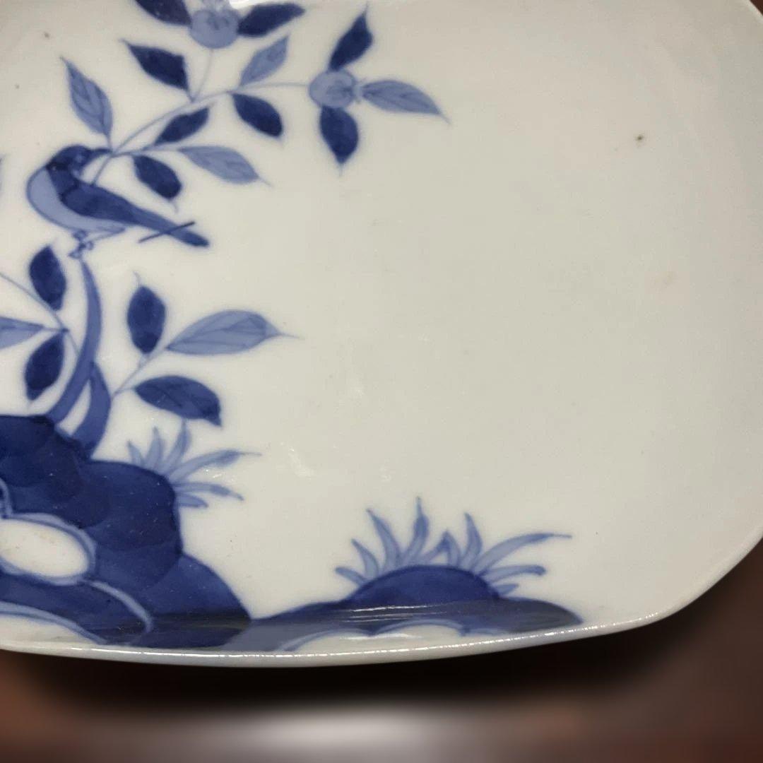 染付、鳥と植物の陶磁器丸皿,戦前、嘉祥製