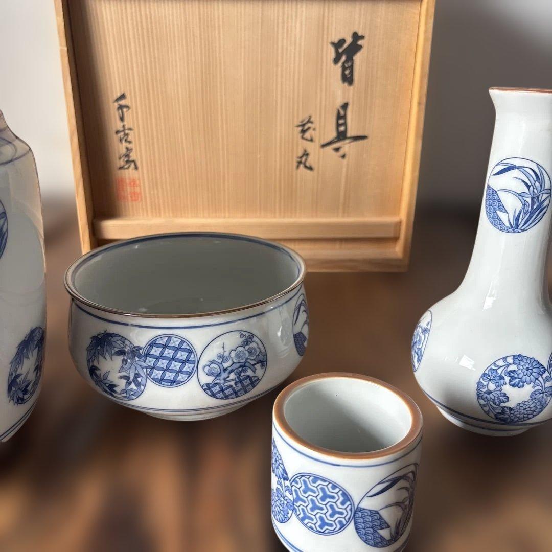 皆具 千古窯造 染付花丸文 水指　建水　蓋置　杓立 共箱