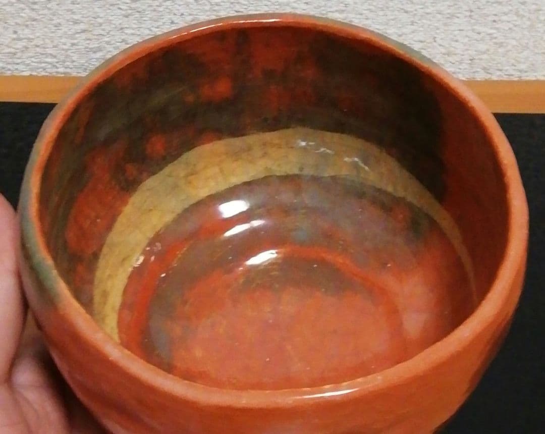 小川長楽作　楽焼　赤楽　三つ印　茶碗　共箱　茶道具