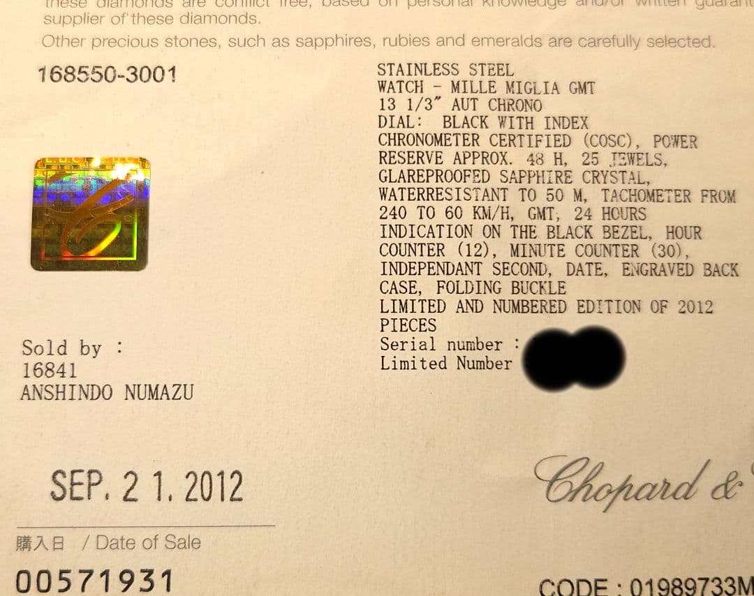 ショパール ミッレミリア 2012 GMT クロノグラフ 限定モデル 一式揃