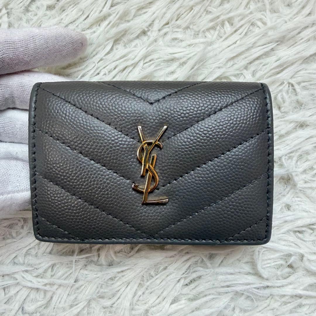 美品✨サンローラン 三つ折り財布 Vステッチ カサンドラ レザーオリガミ グレー