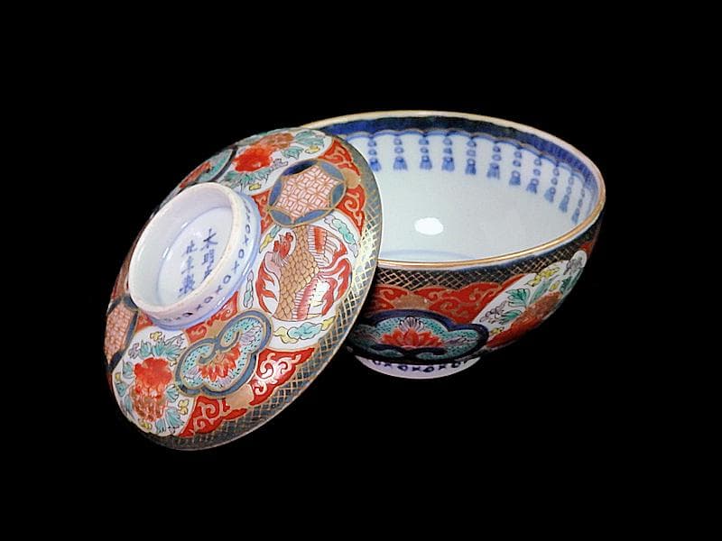 古伊万里　金襴手　鳳凰に牡丹の図　蓋茶碗　C002AS-fbrf