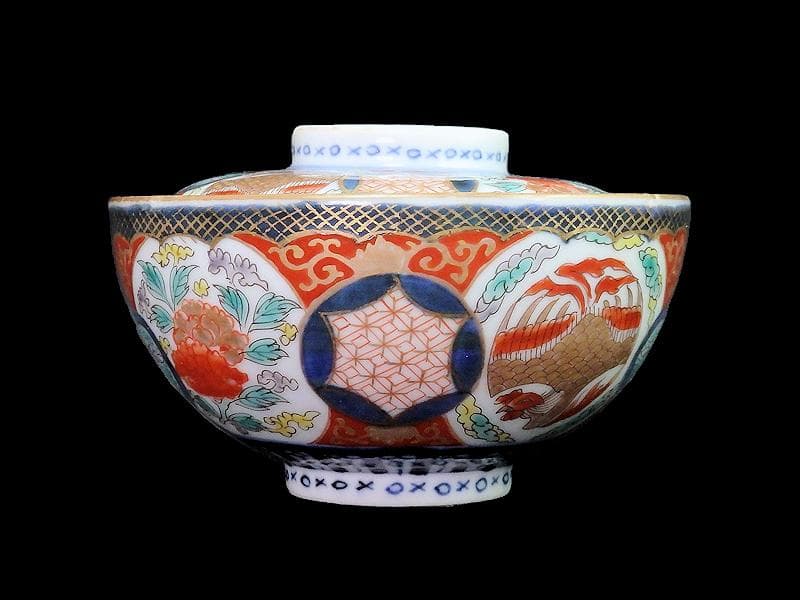 古伊万里　金襴手　鳳凰に牡丹の図　蓋茶碗　C002AS-fbrf