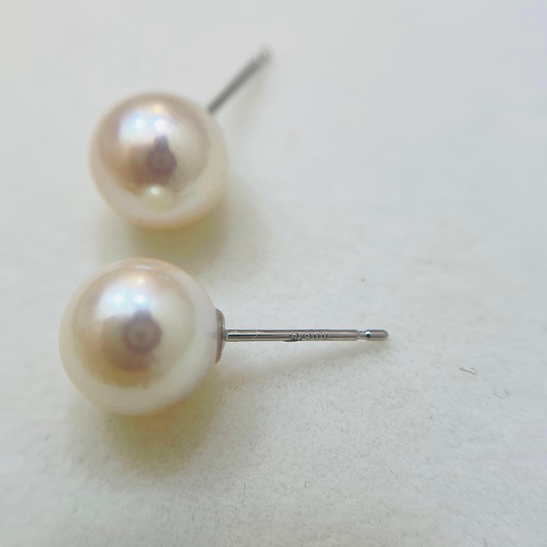 PT900 あこやパールピアス 特選本真珠 花珠 9mm ピンクホワイト系少大粒