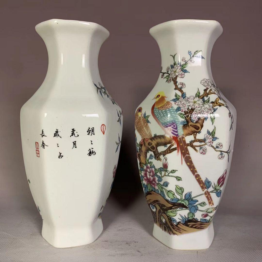 レトロなー陶磁器 ピンクの富貴な花鳥の六角花瓶 アクセサリー 置物 磁器