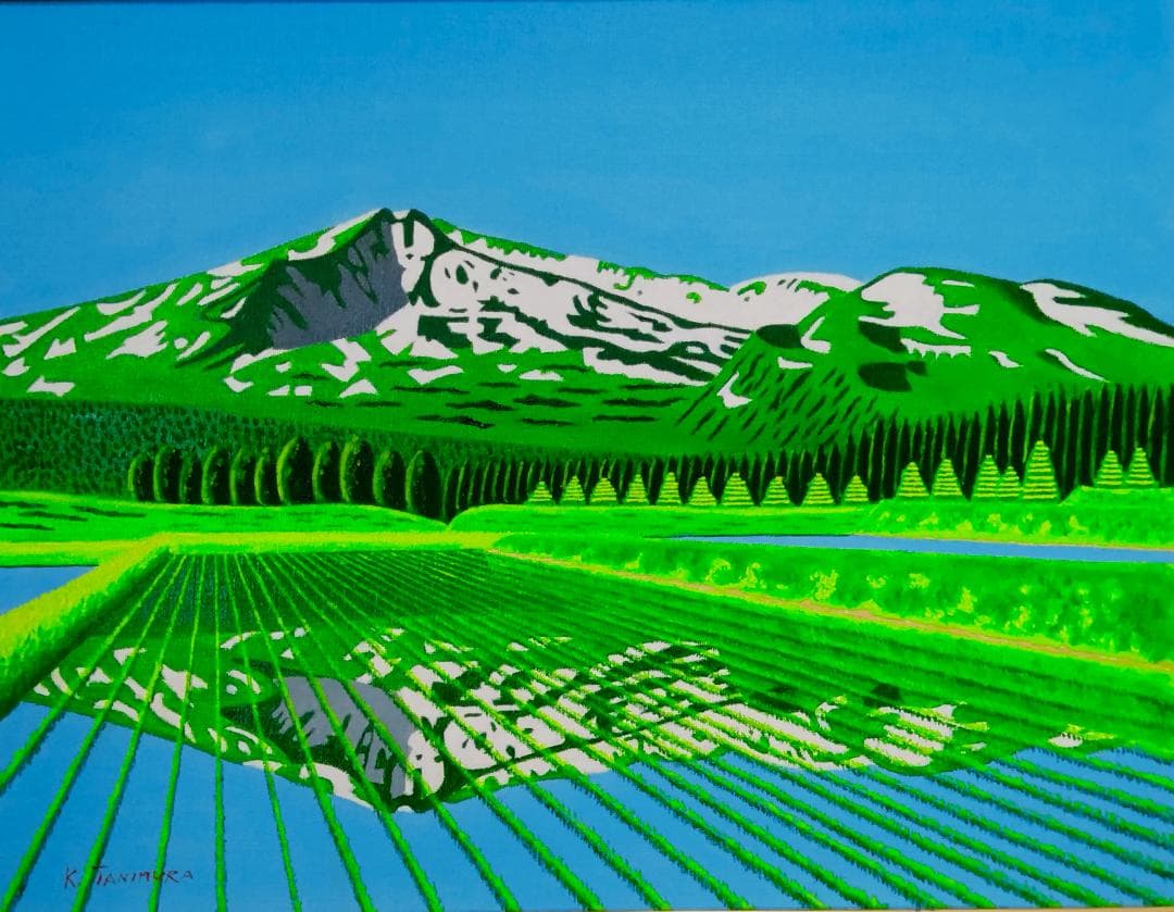 ★鳥海山と水田・肉筆油彩画・F6キャンバス