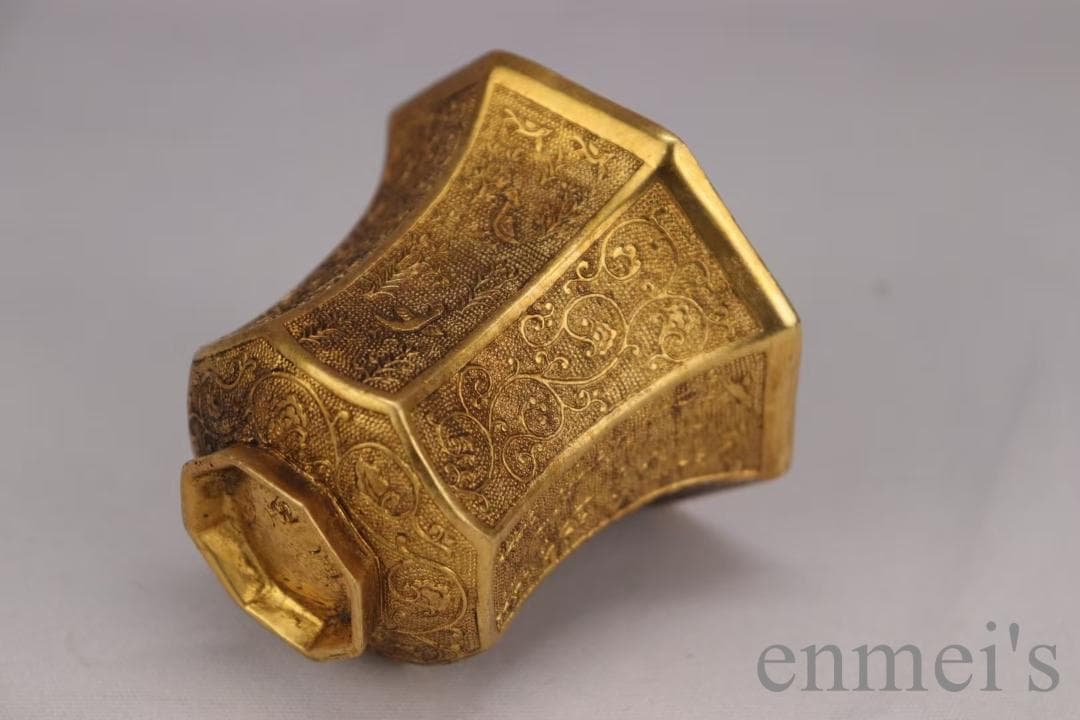 中国古美術 旧蔵 唐代 大唐貞觀款 鍍金銅酒杯 精銅製 鍍金 文房雅器 酒具