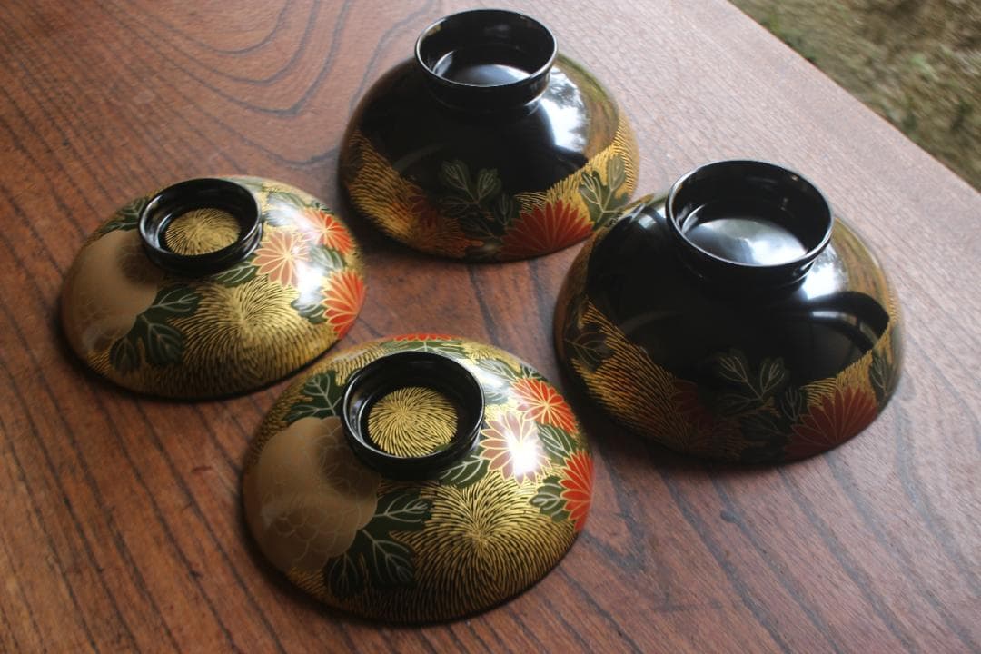 専用！上質黒漆に極上菊詰沈金蒔絵のお椀3点（検輪島塗蒔絵椀雑煮椀