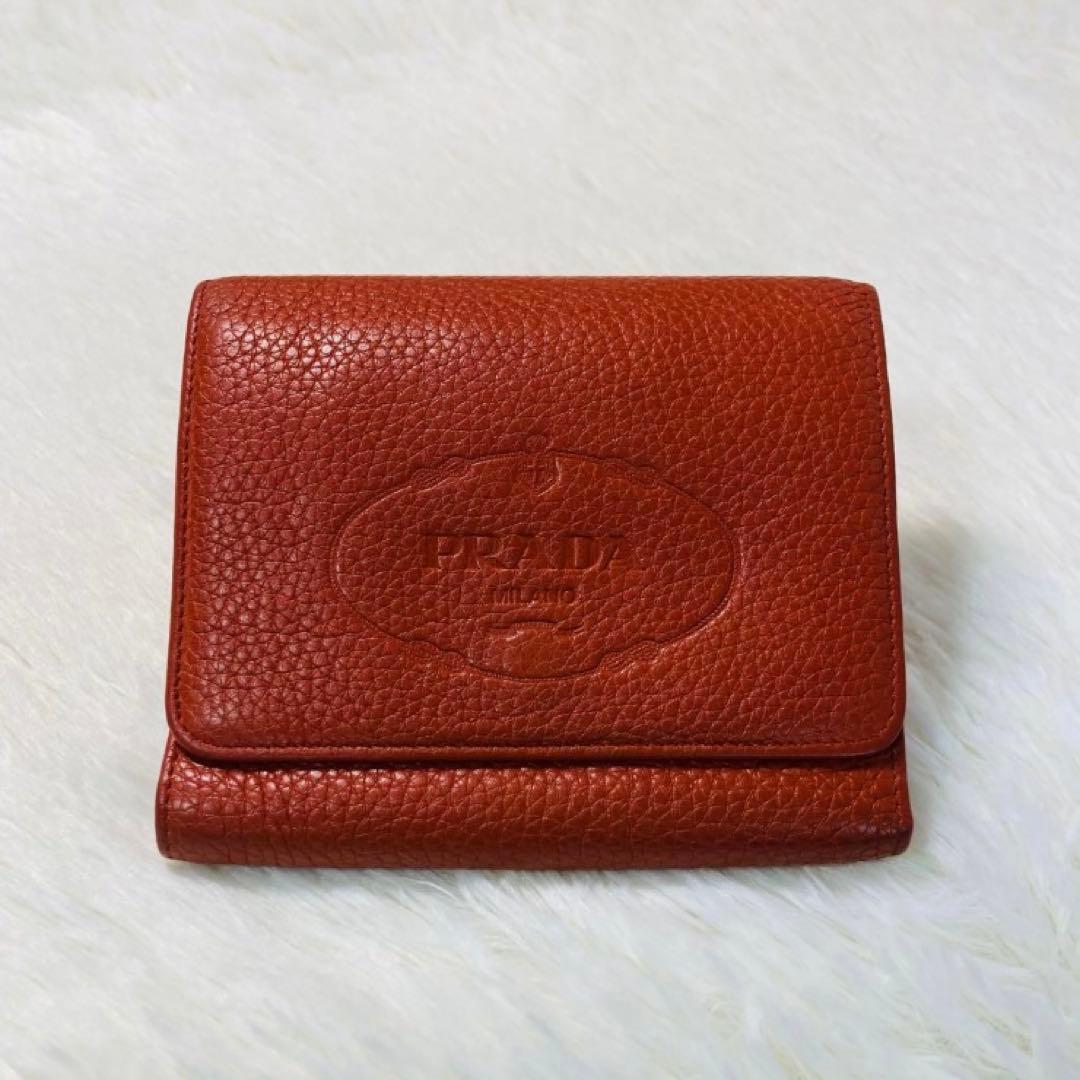 早い者勝ち　美品　PRADA プラダ　財布　ウォレット　三つ折り　橙　革　希少