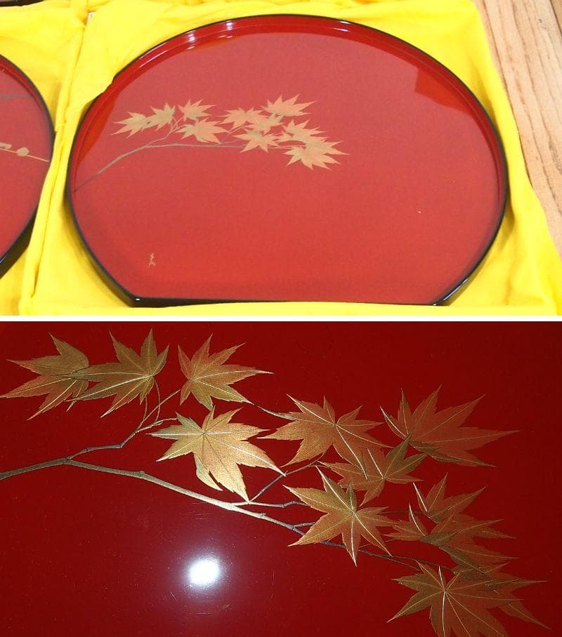 【ほぼ未使用】輪島塗 五作家合作 絵変わり蒔絵 朱塗 卓上膳5客 半月膳/会席膳