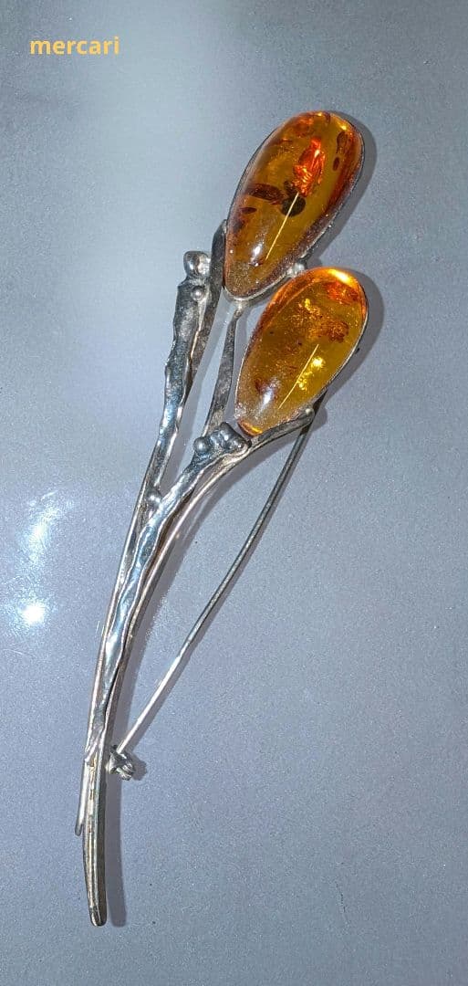 琥珀　ブローチ　シルバー