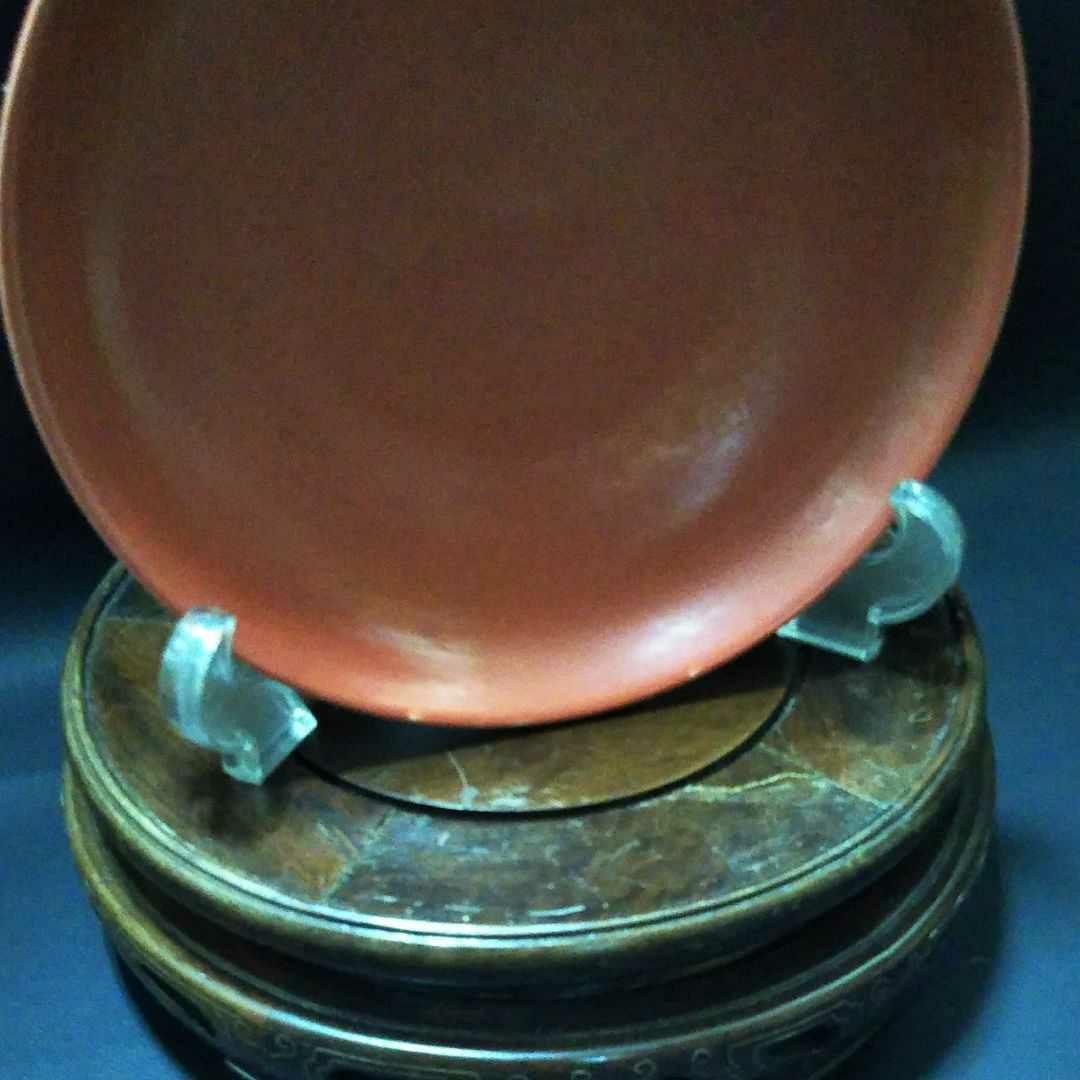 ※中国古美術/缸豆紅釉盤(底款:大明天啓年製)明代/