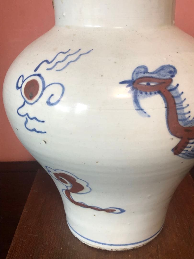 類品の少ない李朝辰砂染付鳳凰文大壷