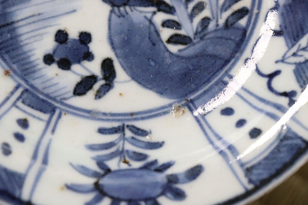 【CM69】古伊万里 芙蓉手 染付皿 三客 江戸期 虫図 飛蝗 草花 宝尽