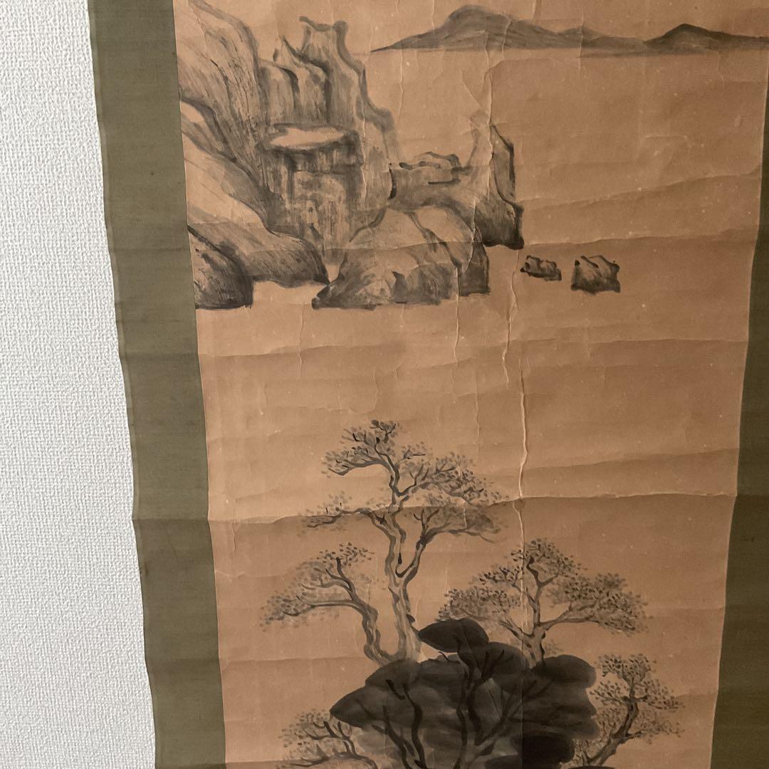 紙本掛け軸 水墨山水画 賛 画【印譜】 賛【落款印譜在】 木軸先 桐合箱