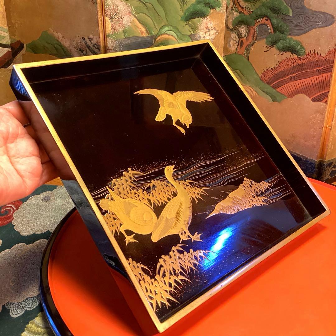 A1020木製輪島塗　水辺に雁　金蒔絵盆　金縁　蒔絵　菓子盆　香盆