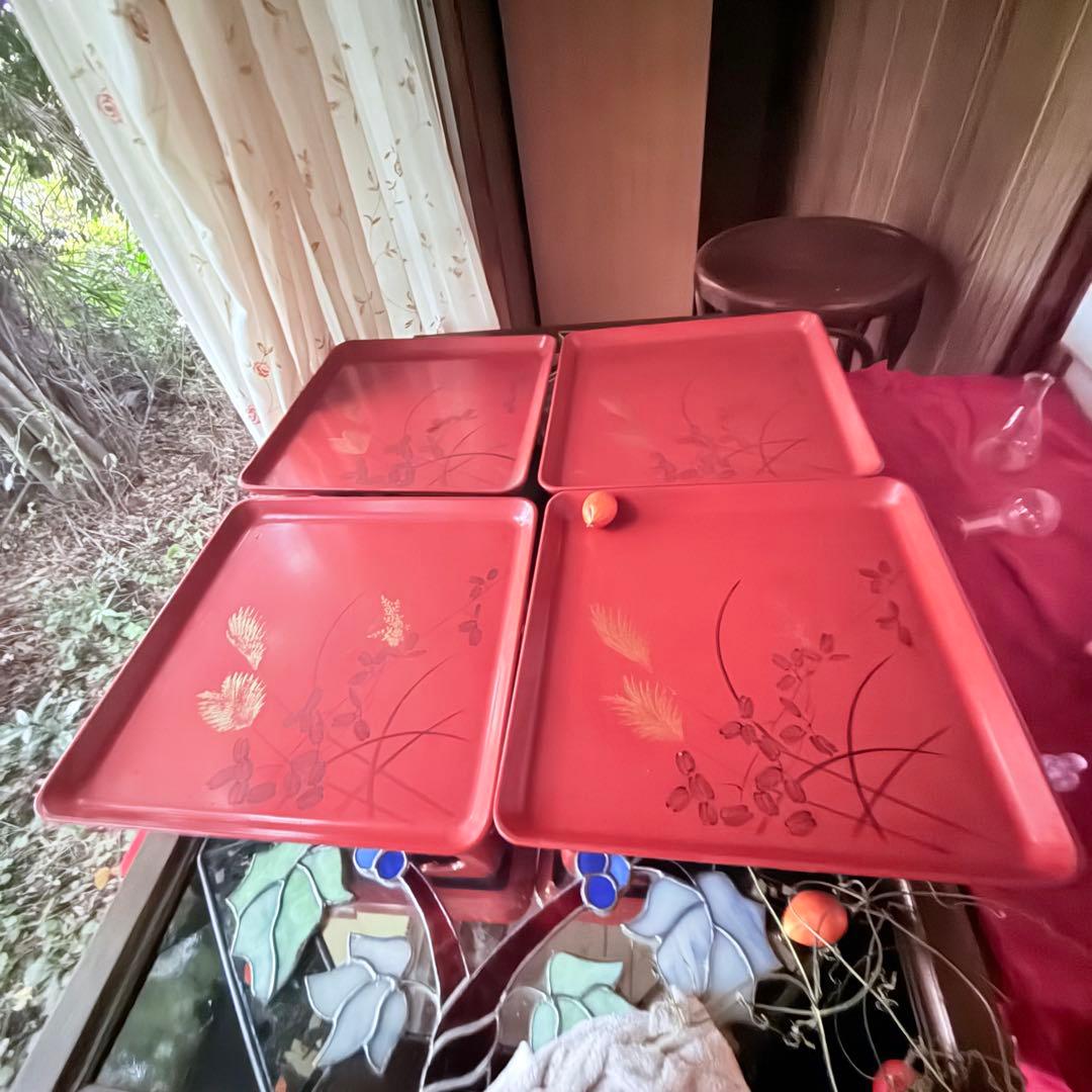 A様へ感謝お嫁入り‼️節目にJAPAN GOLDすすき天然木朱色沈金御膳 10客