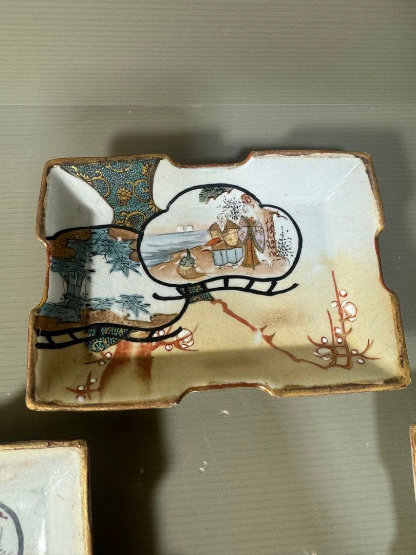 2374  九谷焼　角皿　5客　時代物