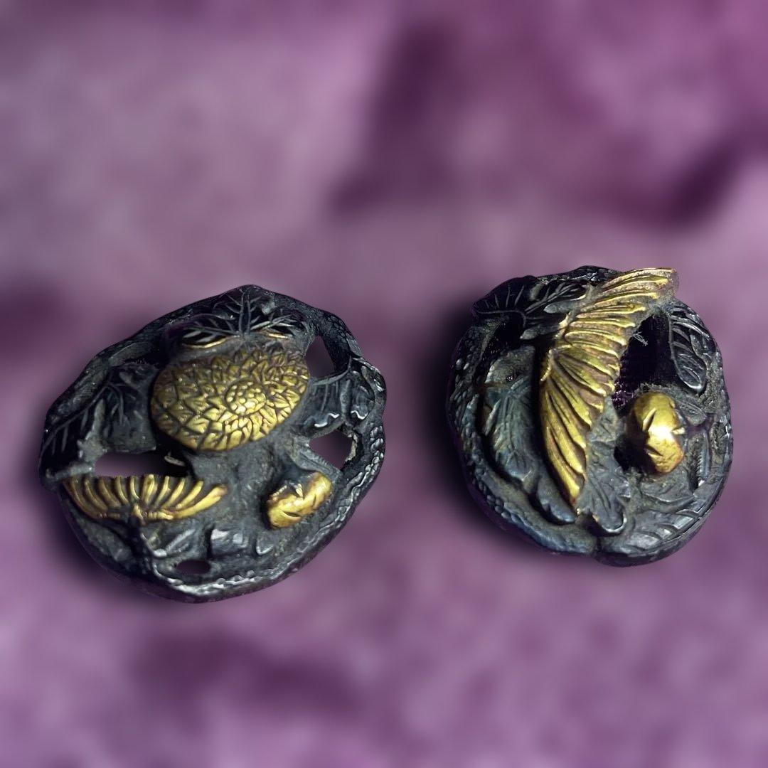 刀装具　2種2個　　武具　　目貫　　江戸時代　骨董　古道具