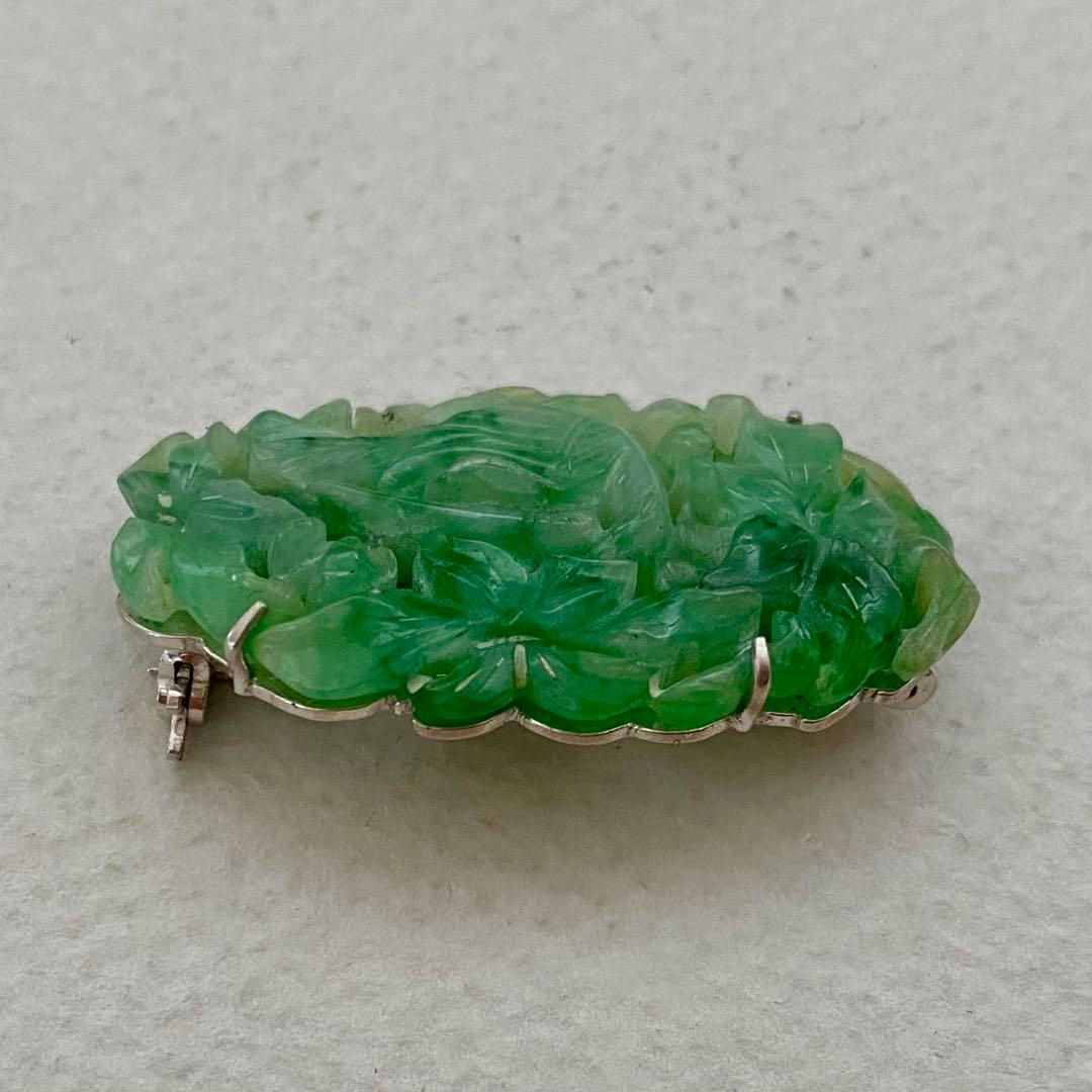 アンティーク翡翠ペンダント兼ブローチ　透かし柄の花鳥図透明感の良いロウカンタイプ