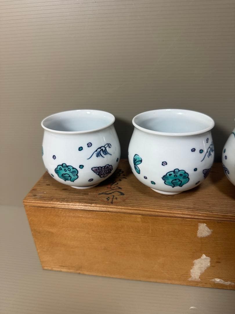 2191 源右衛門　染付花草浪花文　湯呑　5客