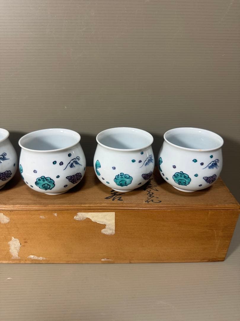 2191 源右衛門　染付花草浪花文　湯呑　5客