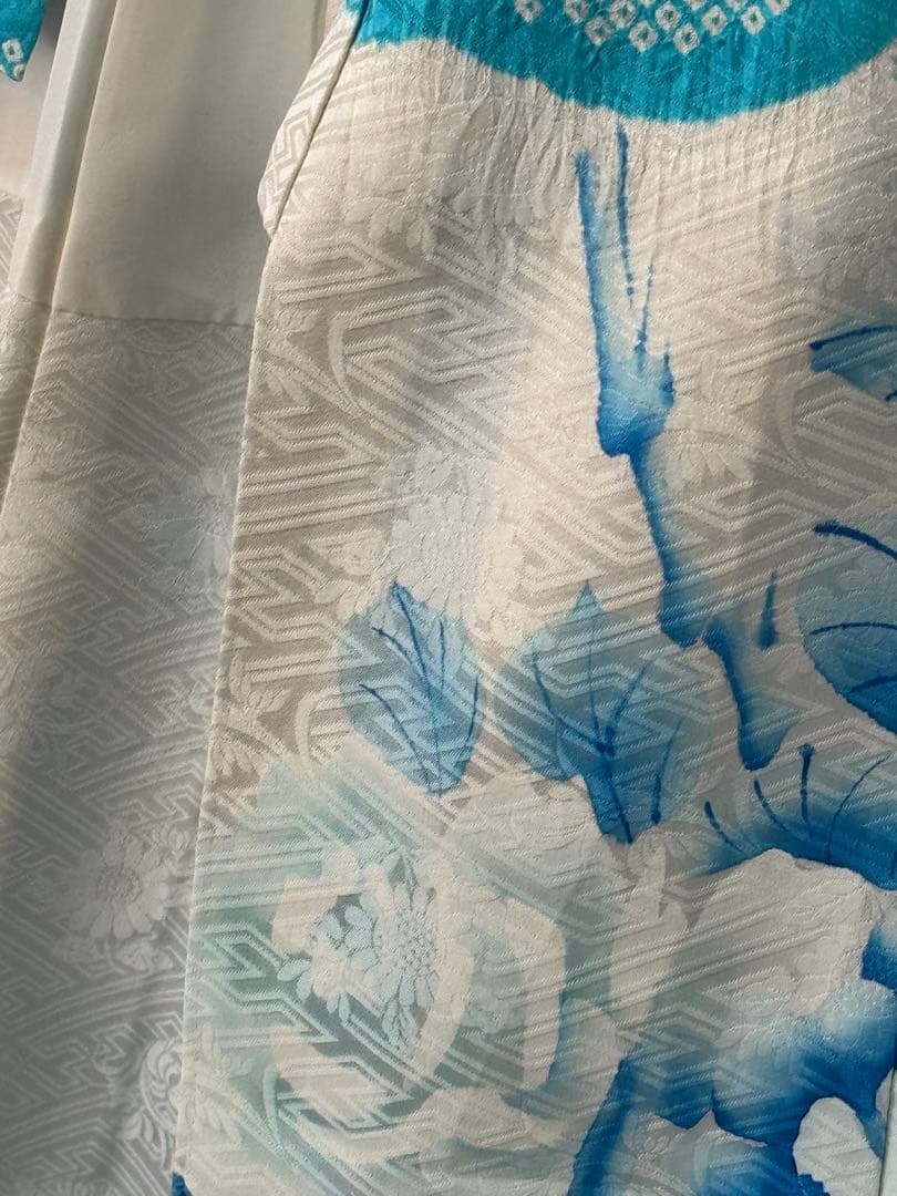 [ヴィンテージ] 振袖　正絹　白　水色　鹿の子絞り　成人式　結婚式　礼装　高身長