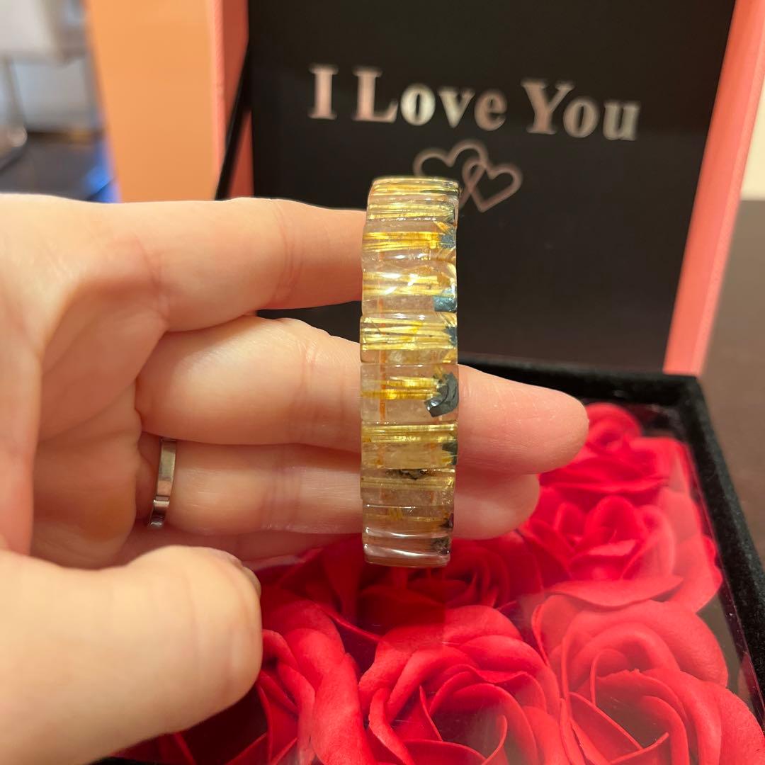 セール天然石　ブレスレット　太陽放射ルチルクォーツ　ゴールドルチル　バングル