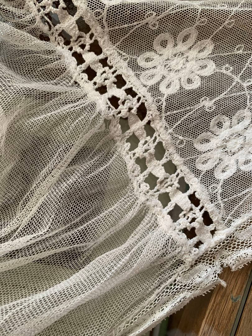 フランスアンティークフローラル刺繍チュールレースデュべカバー古色ホワイトカーテン