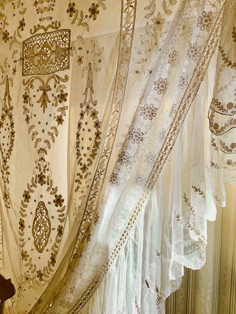 フランスアンティークフローラル刺繍チュールレースデュべカバー古色ホワイトカーテン