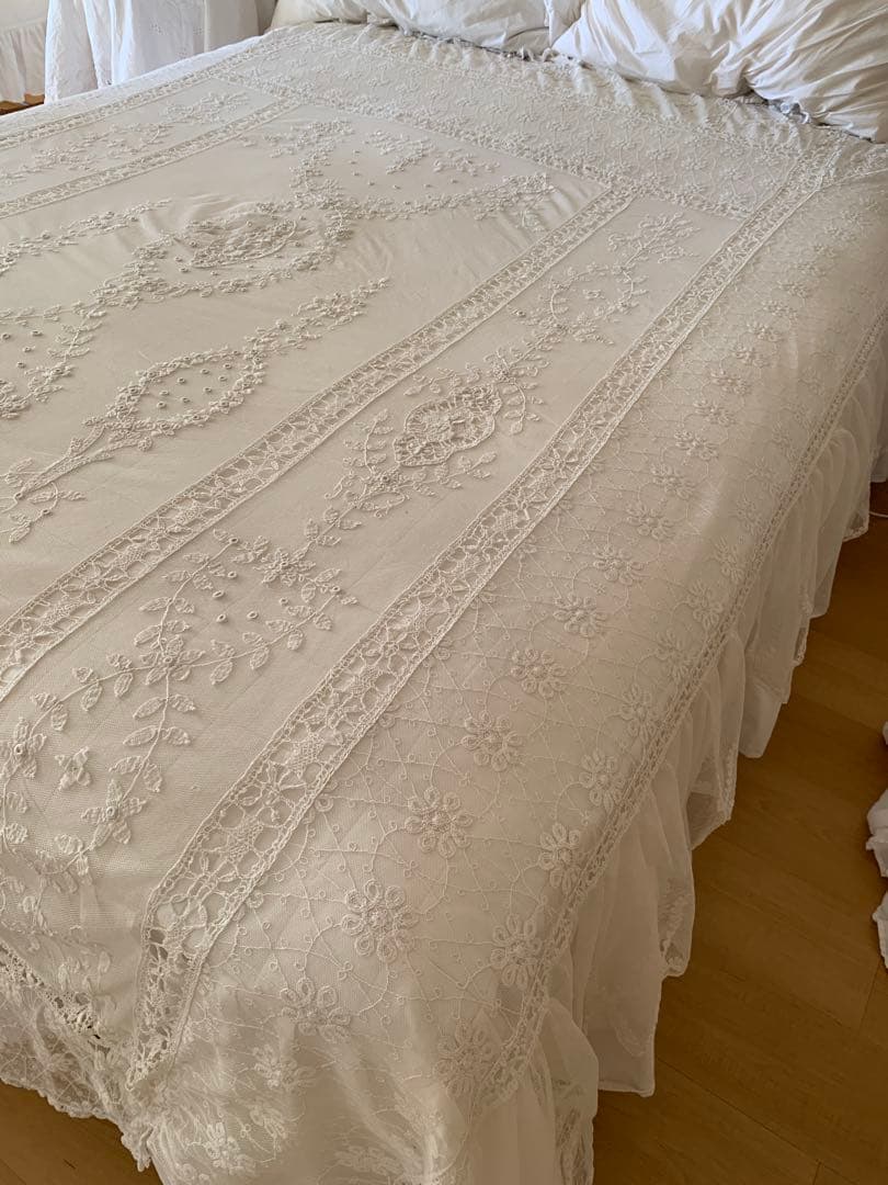 フランスアンティークフローラル刺繍チュールレースデュべカバー古色ホワイトカーテン