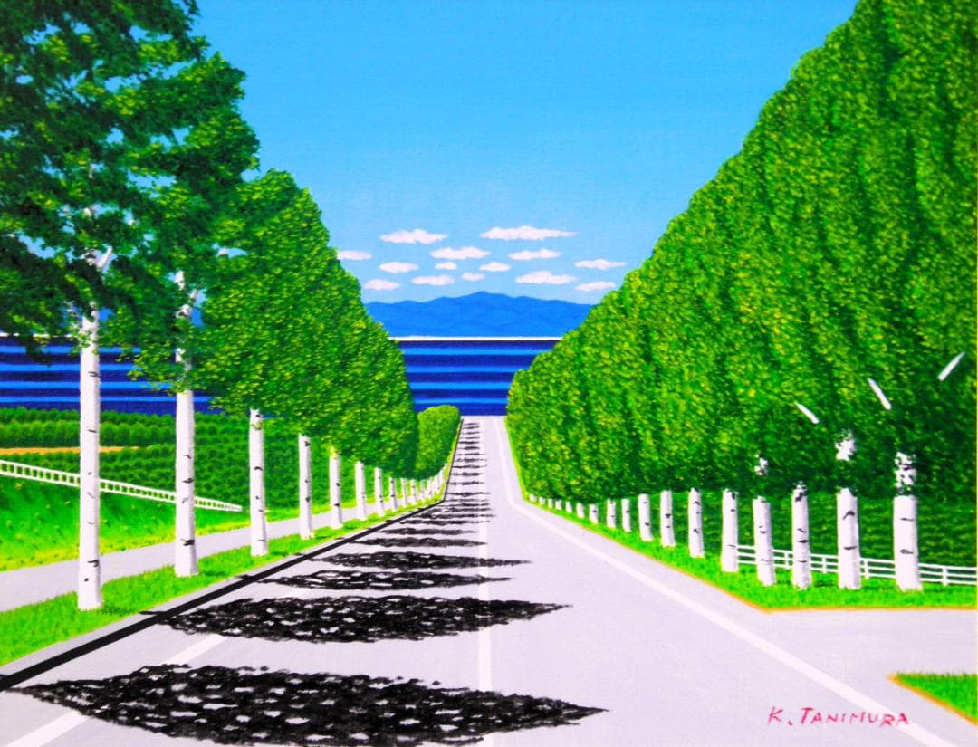 ★海の見える白樺並木・谷村一男肉筆油彩画・F6