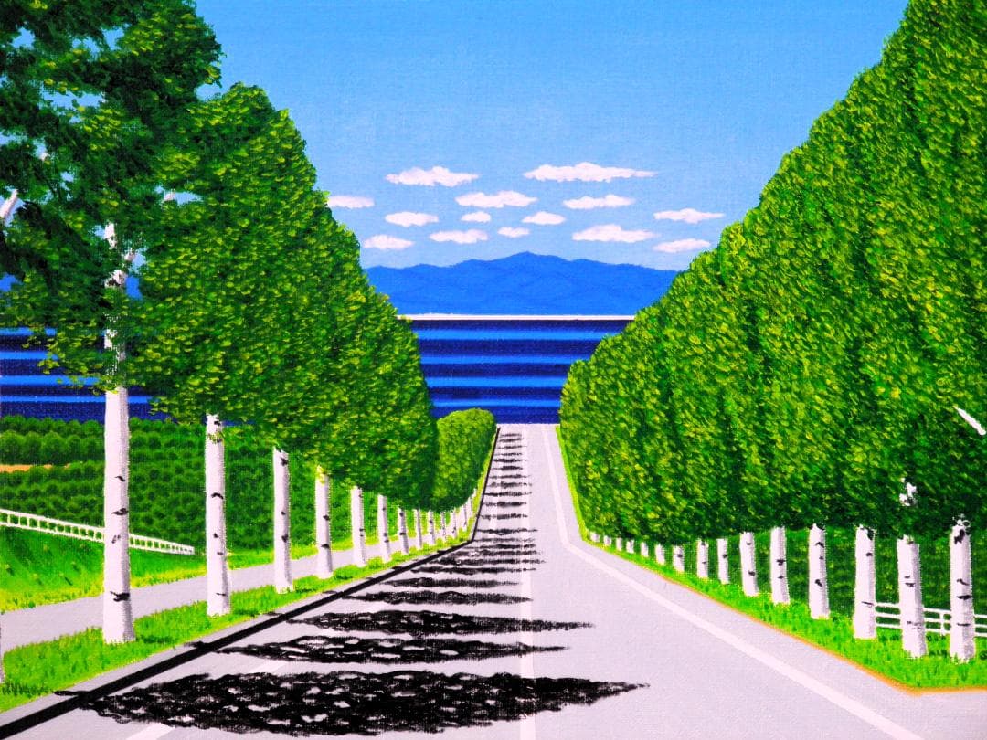 ★海の見える白樺並木・谷村一男肉筆油彩画・F6