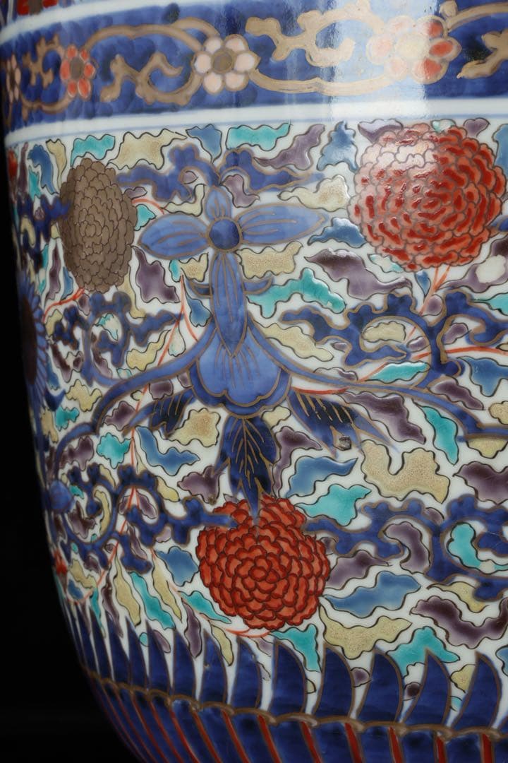 【古伊万里】色絵金彩大鉢 菊牡丹文様 植木鉢 蘭鉢 盆栽鉢 火鉢 骨董 古美術