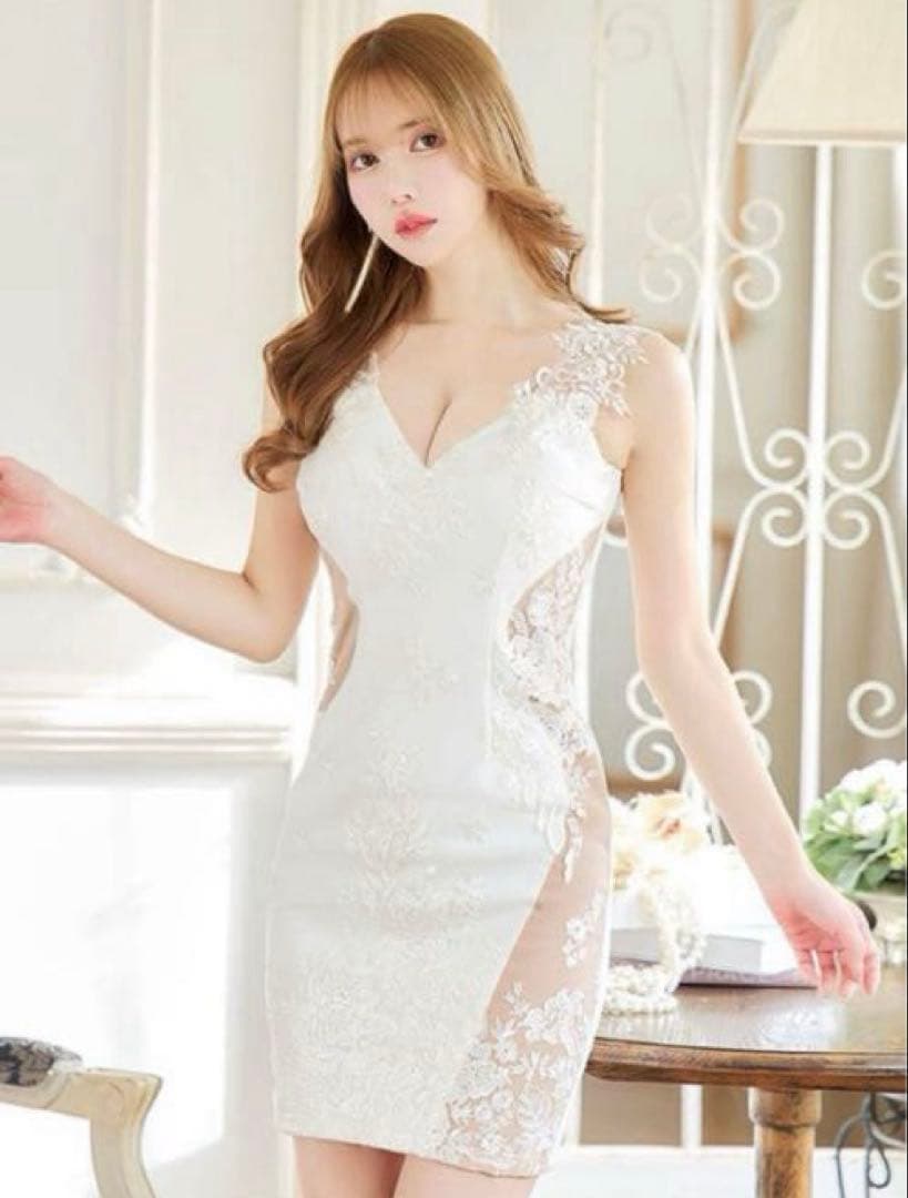 Jewels sugar シースルー 刺繍 タイトドレス 上品 谷間見せ 白