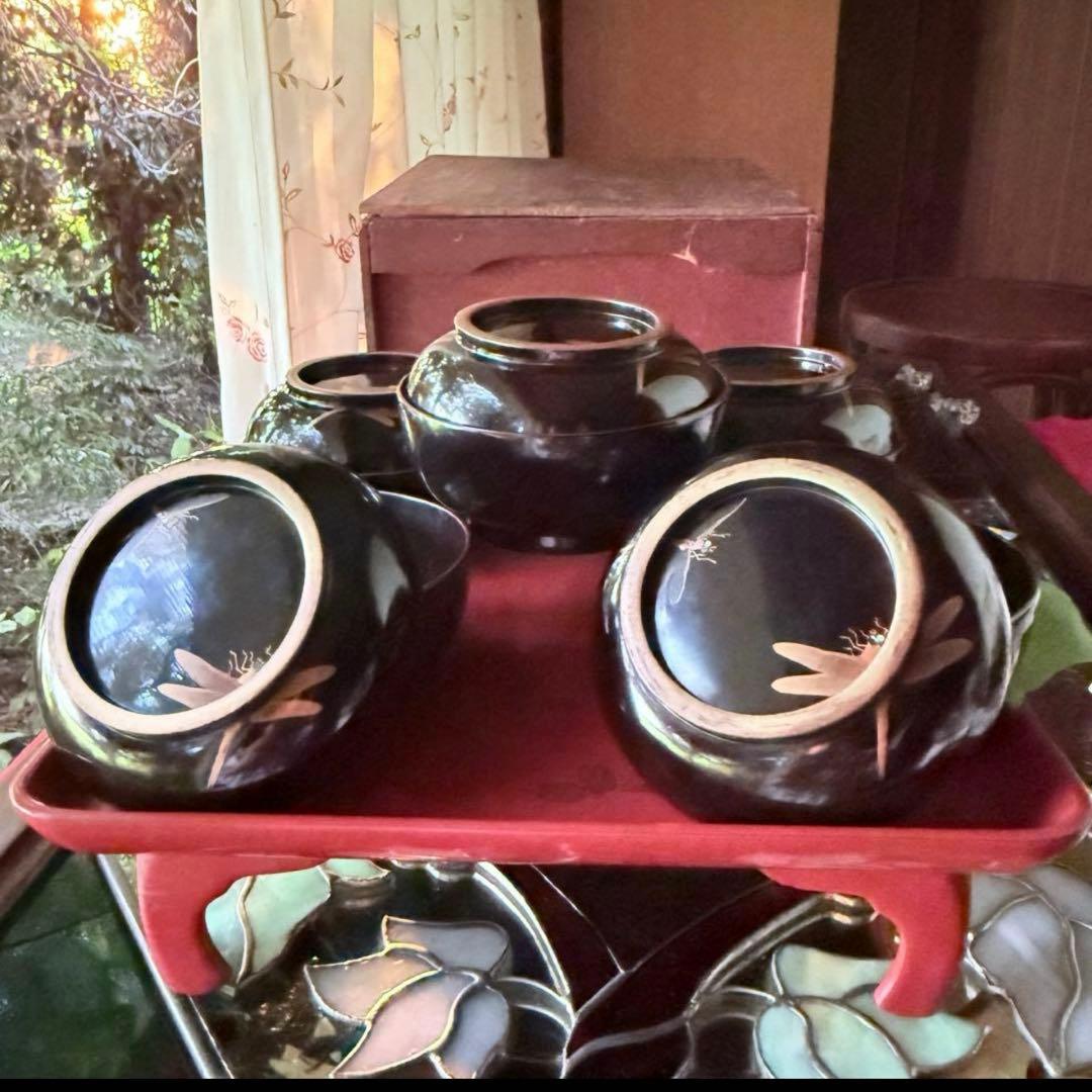 Ｂ様へ感謝お嫁入り‼️レアなかげろふJAPAN螺鈿蒔絵『蜻蛉＆菊＆木蓮上黒持椀4客