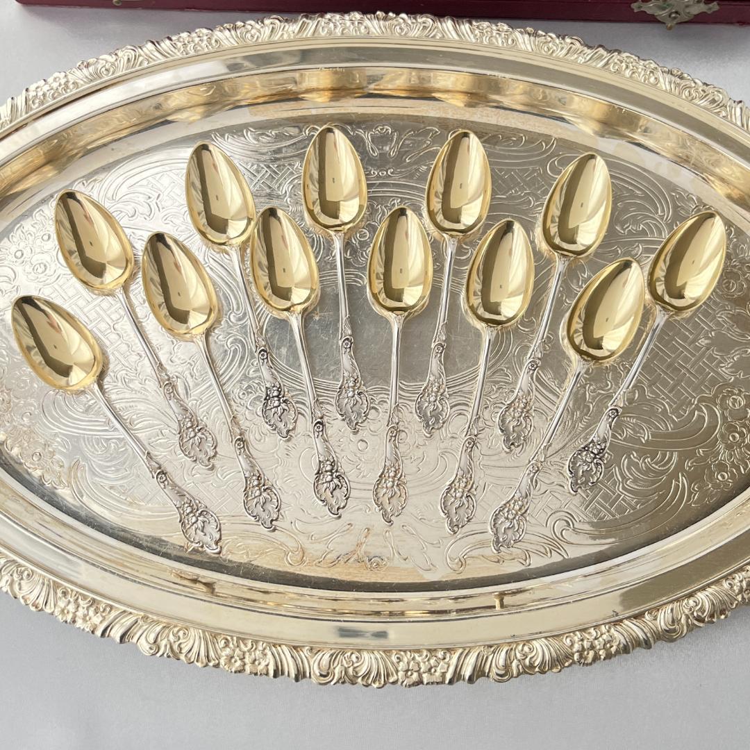 【ドイツ】レリーフのモカスプーン 12本【純銀】 10.5cm ケース