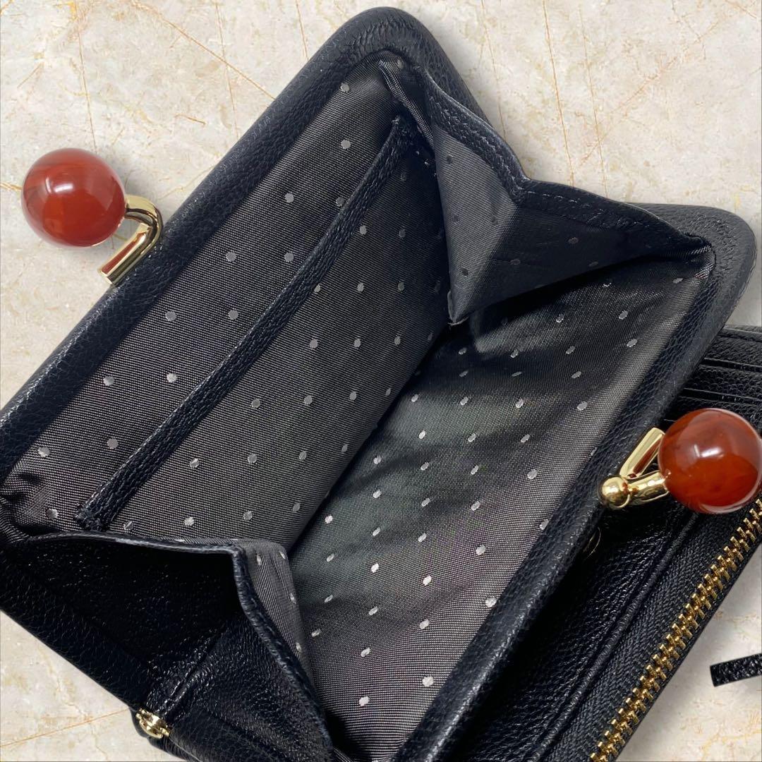 perche ペルケ がま口 二つ折り財布 ドット ブラック 黒 財布 ゴールド