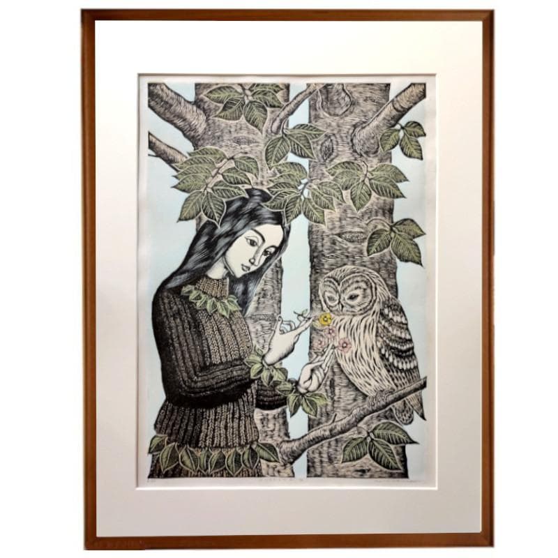 ☆手島圭三郎☆「ふくろうと少女、花」木版画　全紙サイズ　未使用額！