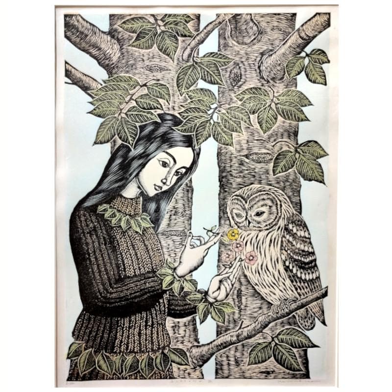 ☆手島圭三郎☆「ふくろうと少女、花」木版画　全紙サイズ　未使用額！