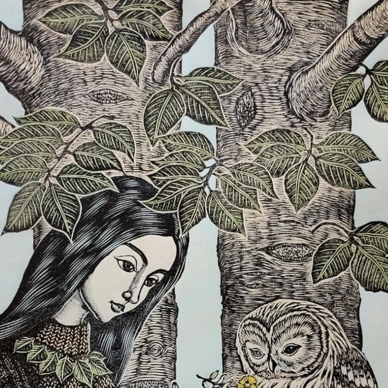 ☆手島圭三郎☆「ふくろうと少女、花」木版画　全紙サイズ　未使用額！